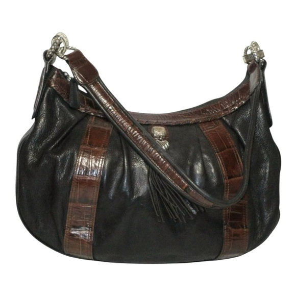 BRIGHTON Large Purse Croc Leather Black Brown Zip Top Bag Tassel Hobo - Picture 2 of 6